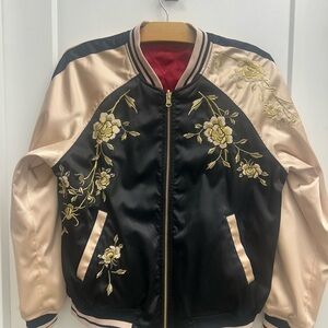 Express Black and Cream Floral Embroidered Bomber Jacket